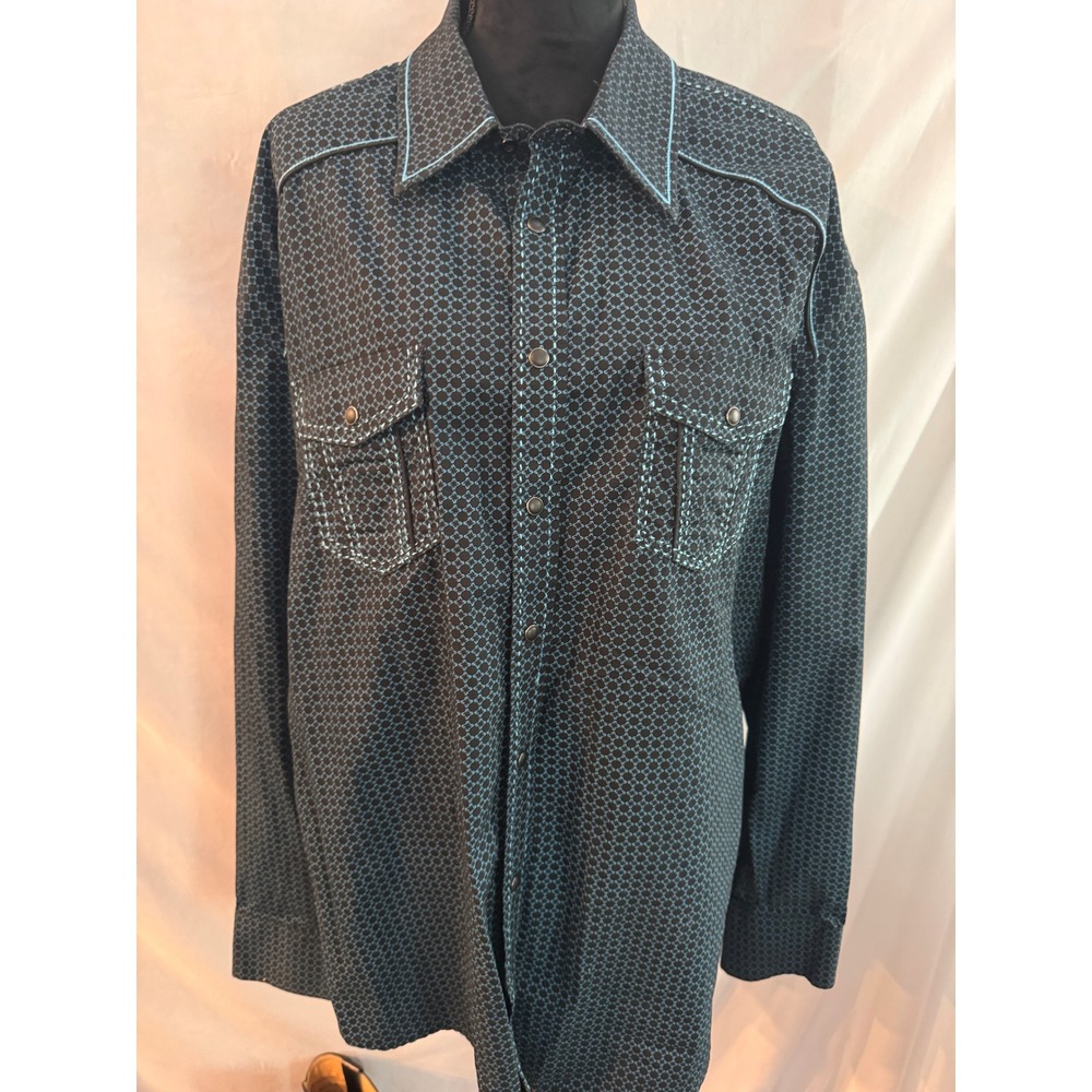 Rock and Roll Cowboy Mens XXL Western Snap Shirt Black Teal Geometric Star Print